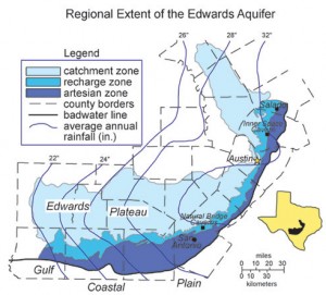 Fig. 2: The Edwards Aquifer extends through all of central Texas (Musgrove, 2000). The down-dip limit of potable water in the aquifer is defined by the bad water line (1000 mg/l).
